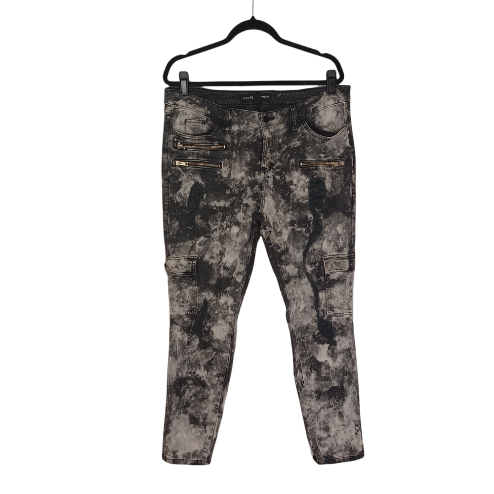 GUESS Black Stone Wash Tie Dye Zipper Hem Skinny Leg Jeans 34